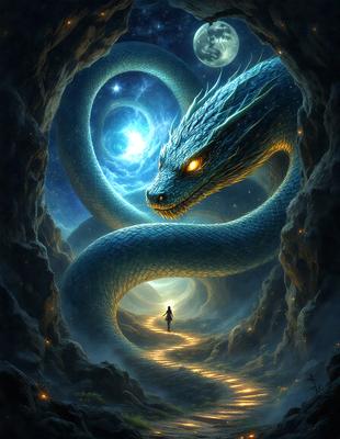 The primary subject of the image is a large blue snake with a fierce expression. The snake is coiled around a person, who is walking down a path. The setting is a dark, mysterious environment with a moon visible in the background. The visual style is a digital art or illustration, creating a dramatic and intense atmosphere. The dominant colors are blue and black, with the snake being predominantly blue, and the person and the environment being in shades of black.
